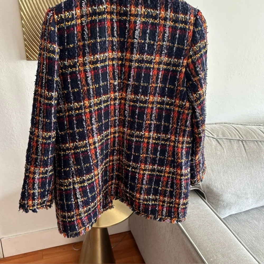 Vintage Chicos Tweed Multicolor Preppy Holidays Chain Open Coat Size 1 - Picture 7 of 12